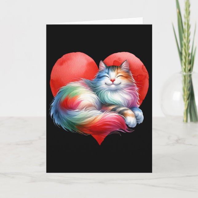 Rainbow Cute Cat Hugging Heart Kitty Love Cat Vale Karte (Vorderseite)