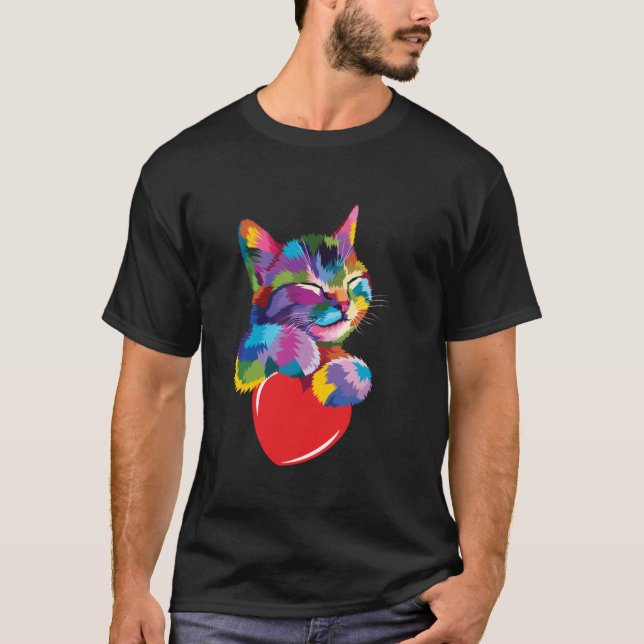 Rainbow Cute Cat Hugging Valentine Heart Kitty Lov T-Shirt (Vorderseite)