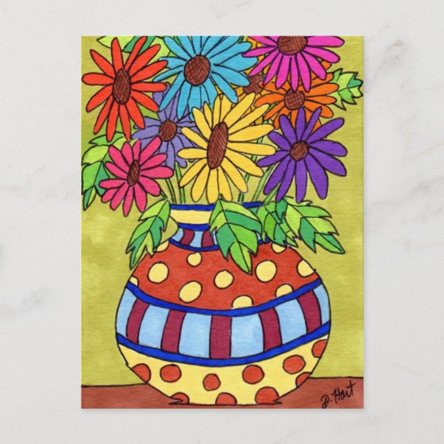 Rainbow Daisies in Designer Vase Postkarte (Vorderseite)