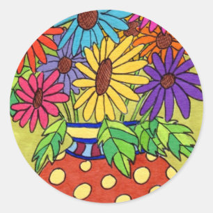 Rainbow Daisies in Designer Vase Runder Aufkleber