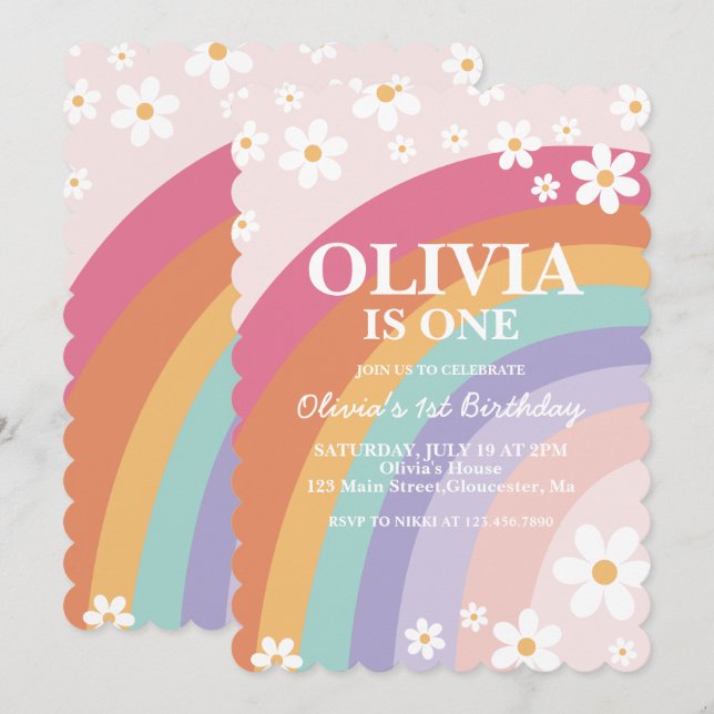 Rainbow Daisy Birthday Einladung (Vorne/Hinten)