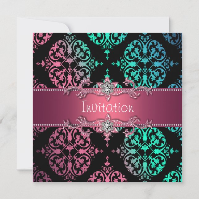 Rainbow Damask Black Party Einladung (Vorderseite)