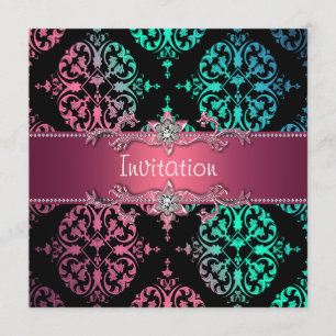 Rainbow Damask Black Party Einladung