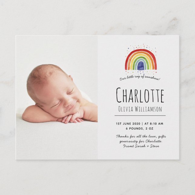 Rainbow Dankeschön-Karte, Geburtsankündigungen Postkarte (Vorderseite)
