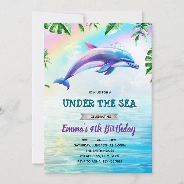 Rainbow-Delphin - Einladung zum Geburtstag (Vorderseite)