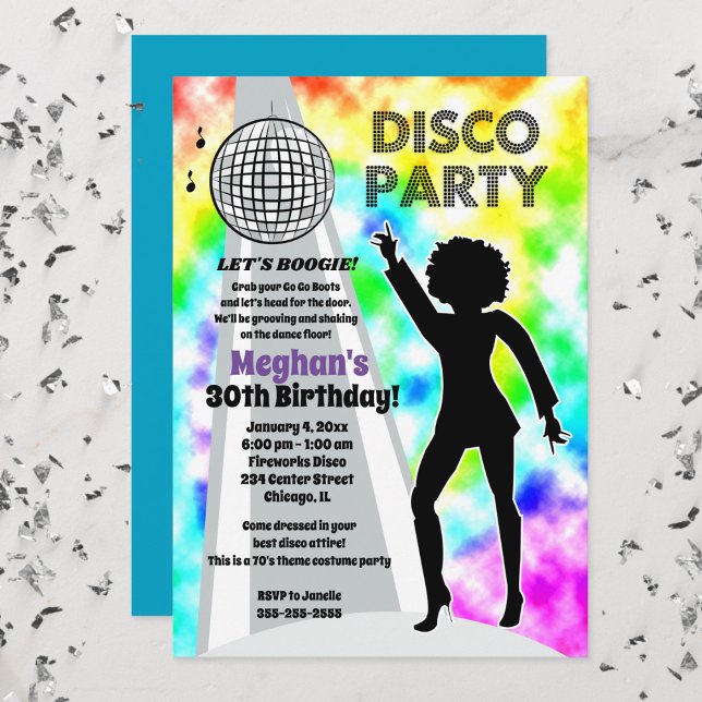 Rainbow Disco Gefärbte Krawatte Birthday Girl Retr Einladung (Disco Party Retro Tie-Dye Invitation)