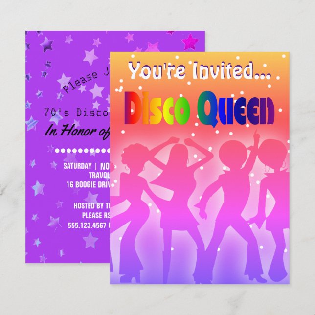 Rainbow Disco Queen| Retro 70er Party Stars Einladung (Vorne/Hinten)