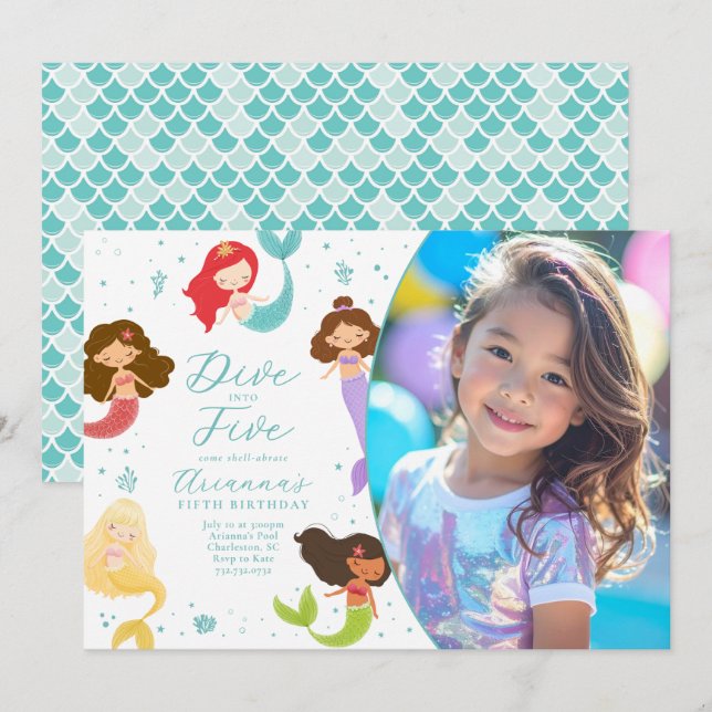 Rainbow Diving in Five Mermaid zum Geburtstag Einladung (Vorne/Hinten)