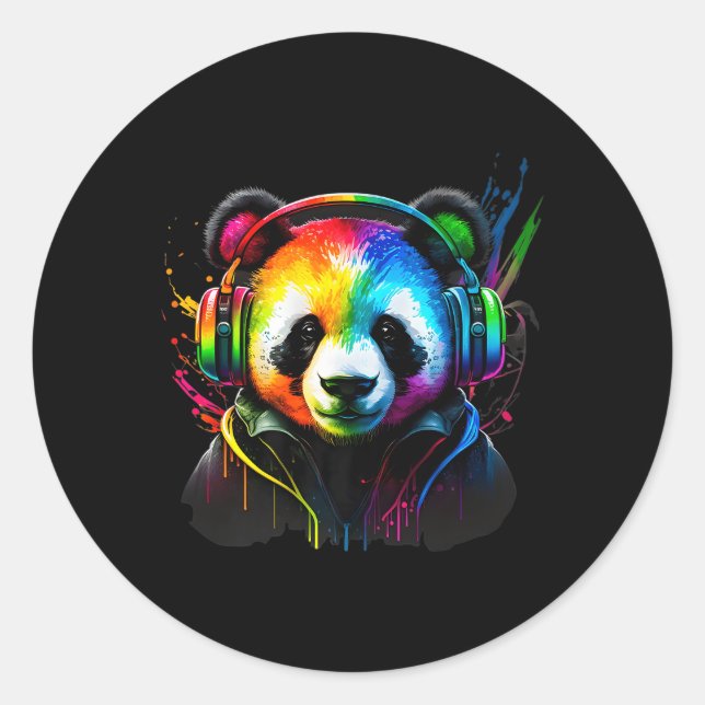 Rainbow Dj Panda Headphones Musik Runder Aufkleber (Vorderseite)