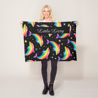 Rainbow Dolphin Fleece Blanket – Kids Custom Name