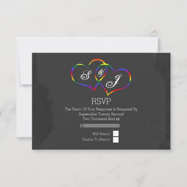 Rainbow Doodle Heart Chalkboard Gay Wedding RSVP Karte (Vorderseite)