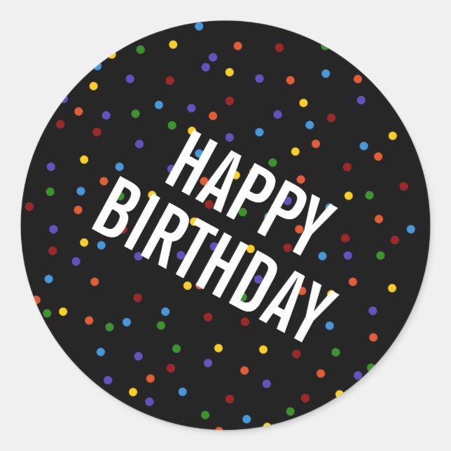 Rainbow Dots Black Happy Birthday Pattern Runder Aufkleber (Vorderseite)
