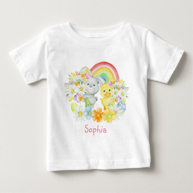 Rainbow Easter Bunny und Chick Baby T-shirt (Vorderseite)