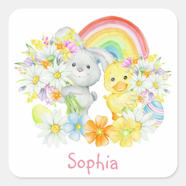 Rainbow Easter Bunny und Chick Quadratischer Aufkleber (Vorderseite)