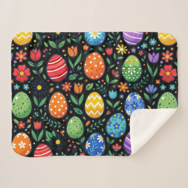 Rainbow Easter Eggs & Flowers Sherpadecke (Vorderseite (Horizontal))
