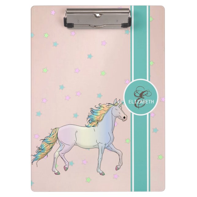 Rainbow-Einhorn, farbenfrohe Sterne, Monogramm Klemmbrett (Vorderseite)
