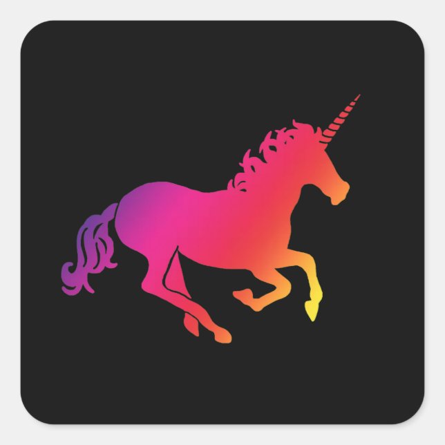 Rainbow Einhorn mit schwarzem Hintergrund Quadratischer Aufkleber (Vorderseite)