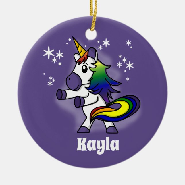 Rainbow-Einhorn mit Sternenhintergrund Keramik Ornament (Vorne)