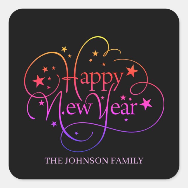 Rainbow Elegant Happy New Year Script Quadratischer Aufkleber (Vorderseite)
