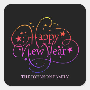 Rainbow Elegant Happy New Year Script Quadratischer Aufkleber