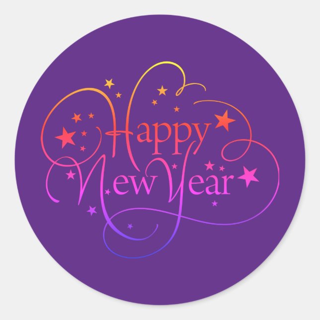 Rainbow Elegant Happy New Year Script Runder Aufkleber (Vorderseite)