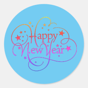 Rainbow Elegant Happy New Year Script Runder Aufkleber