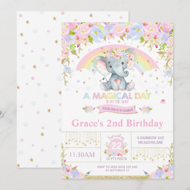 Rainbow Elephant Birthday Party Einladung Girl (Vorne/Hinten)
