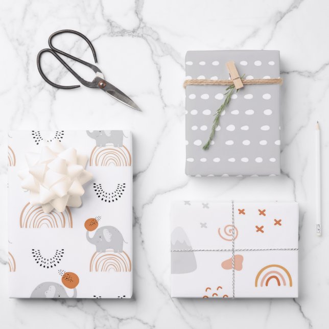 Rainbow Elephants Muster Geschenkpapier Set (Vorderseite)
