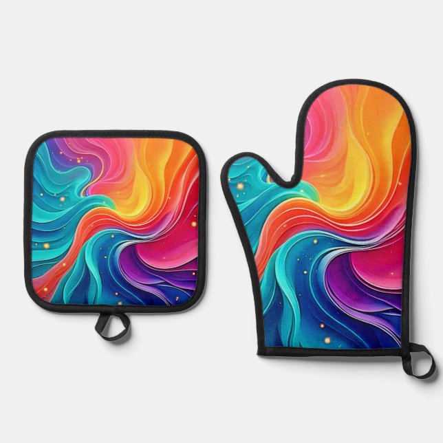 Rainbow Energy Swirl: Vibrant Flow Art Ofenhandschuh & Topflappen-Set (Vorderseite)