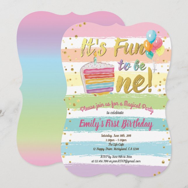 Rainbow erster 1. Geburtstag Party Kuchen Ballon Einladung (Vorne/Hinten)