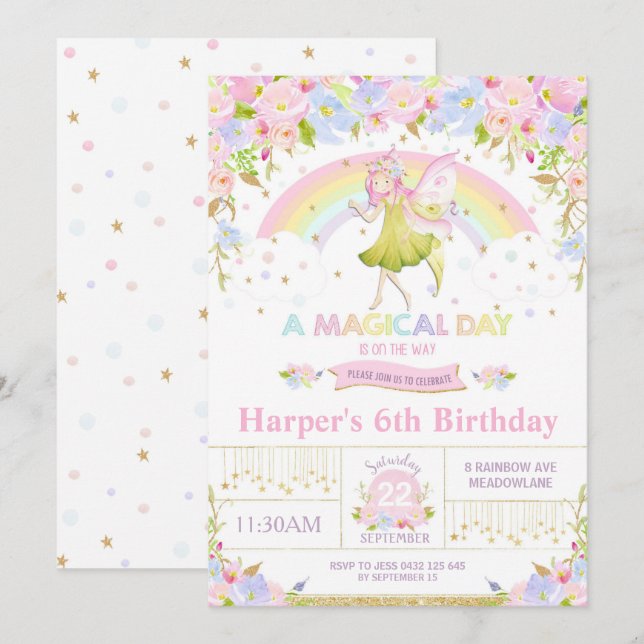 Rainbow Fairy Birthday Invitation Girl Einladung (Vorne/Hinten)
