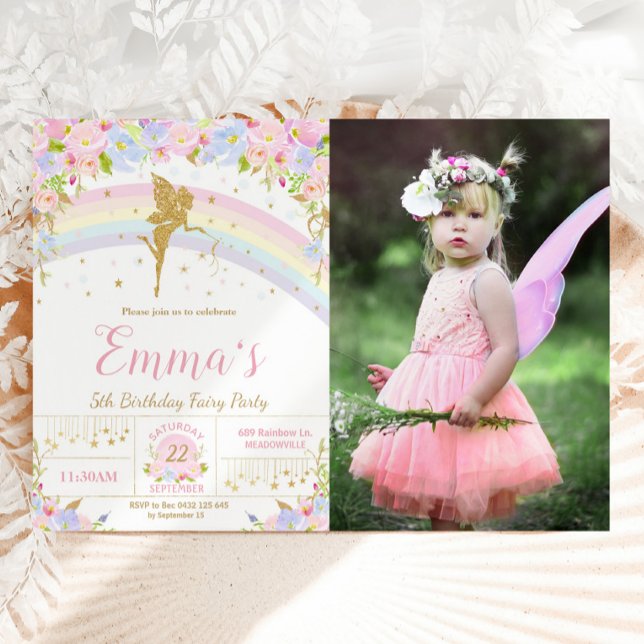 Rainbow Fairy Floral Birthday Party Foto Picture Einladung (Von Creator hochgeladen)