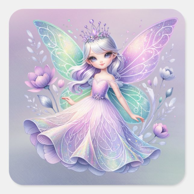 Rainbow Fairy Princess mit Peony Floral Girl's Quadratischer Aufkleber (Vorderseite)