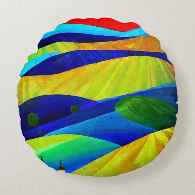 Rainbow Fantasy Hills Landschaft Rundes Kissen (Vorderseite)