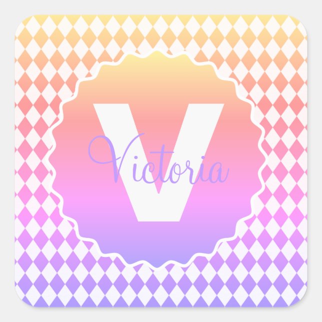 Rainbow-Farbe der Checkerboard mit Monogrammname Quadratischer Aufkleber (Vorderseite)