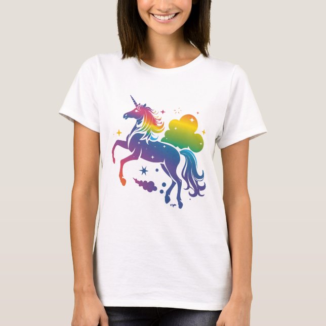 Rainbow-farbenes Einhorn-Design T-Shirt (Vorderseite)