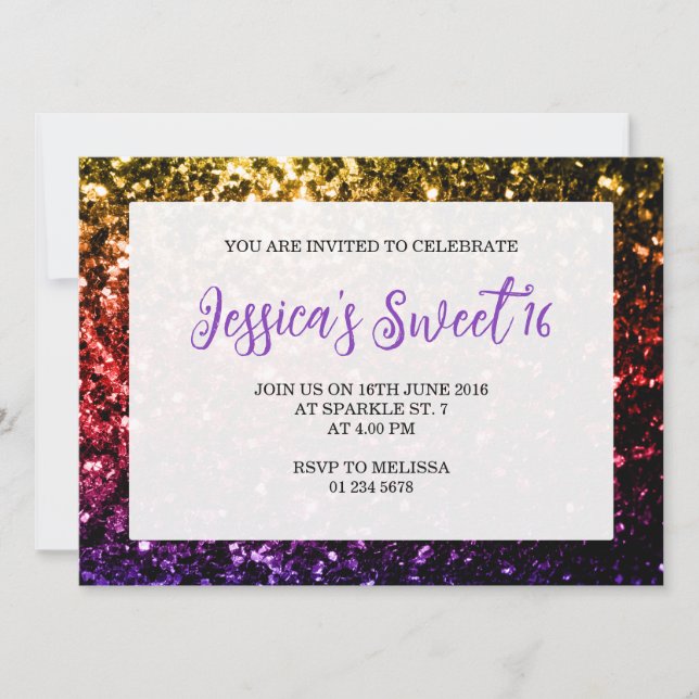 Rainbow farbige Glitzern Sweet 16 elegante Drehbuc Einladung (Vorderseite)