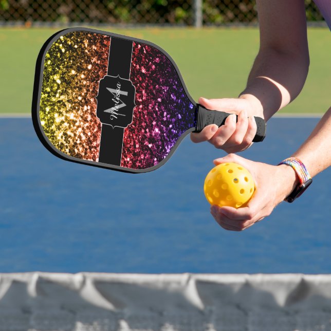 Rainbow-farbige Imitate Glitzer Glitzern Monogramm Pickleball Schläger (InSitu)