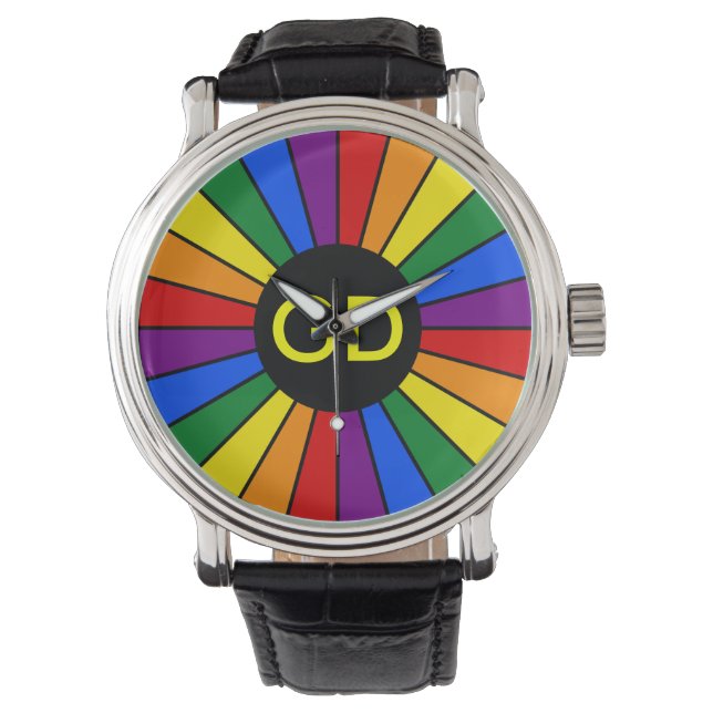 RAINBOW FLAG BUTTON RAYS + Ihr Zeichen oder Monogr Armbanduhr (Vorderseite)