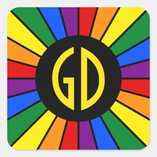 RAINBOW FLAG BUTTON RAYS + Ihr Zeichen oder Monogr Quadratischer Aufkleber (Vorderseite)