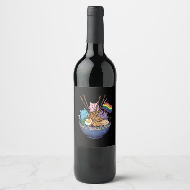 Rainbow Flag Cats Ramen Anime Gay Pride Monat LGBT Weinetikett (Vorderseite)