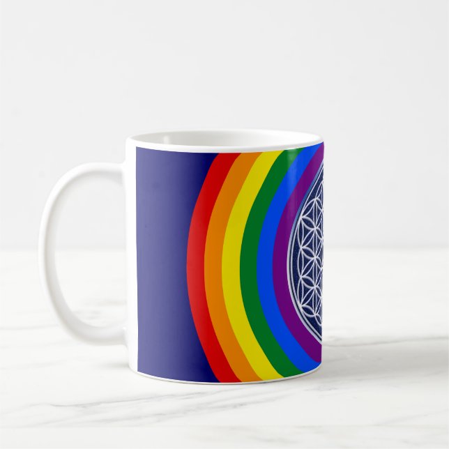 RAINBOW FLAG SCHALTFLÄCHE + BLUME DES LEBENS KAFFEETASSE (Links)