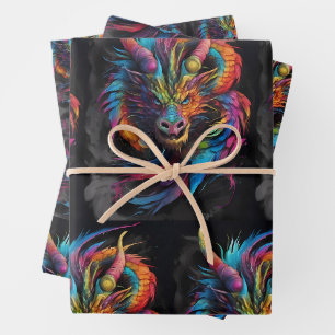 Rainbow Flame - mehrfarbiger Fantasiedrache Geschenkpapier Set