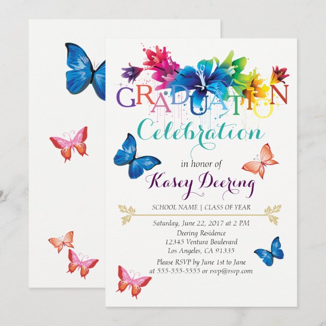 Rainbow Floral Abschluss Feier Einladung (Vorne/Hinten)