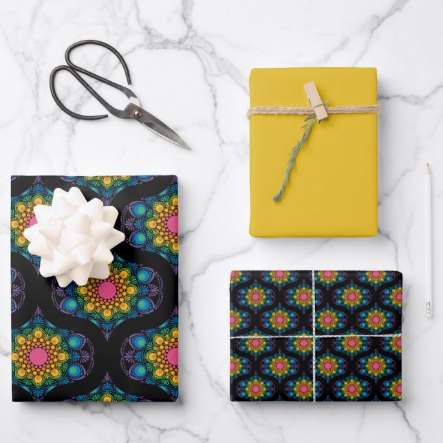 Rainbow Floral Fountain Mandala 1970s Retro Ogee Geschenkpapier Set (Vorderseite)