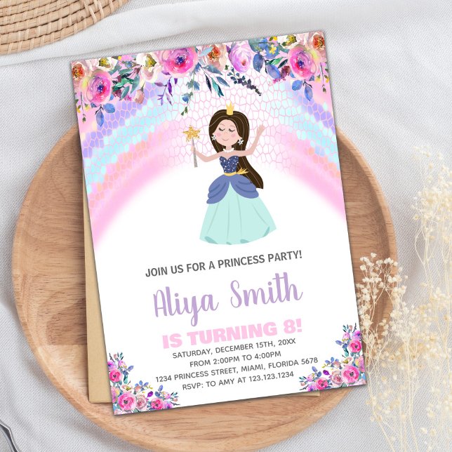 Rainbow Floral Rose Princess Invitations d'anniver (Rainbow Floral Pink Princess Birthday Invitations)