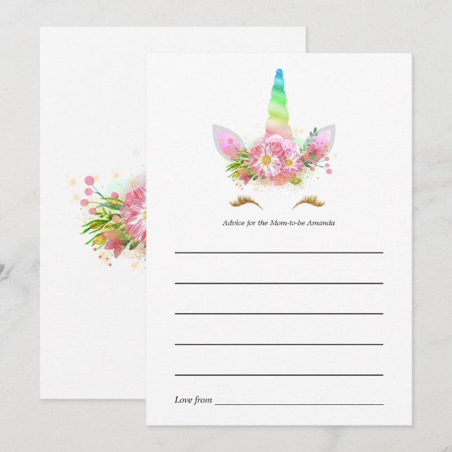 Rainbow Floral Unicorn Baby Shower Card Hinweiskarte (Vorne/Hinten)