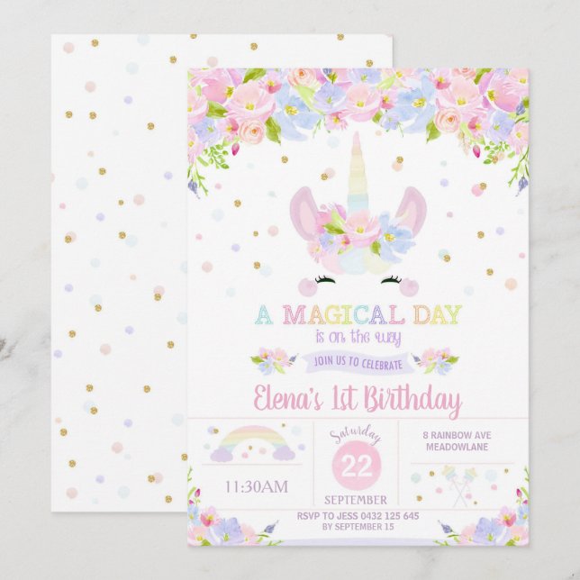 Rainbow Floral Unicorn Birthday Invitation Pastel Einladung (Vorne/Hinten)