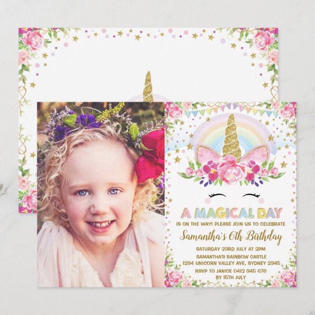 Rainbow Floral Unicorn Geburtstagsparty Einladung (Vorne/Hinten)