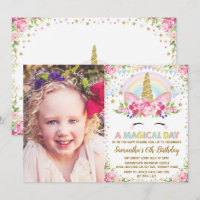 Rainbow Floral Unicorn Invitation de fête d'annive